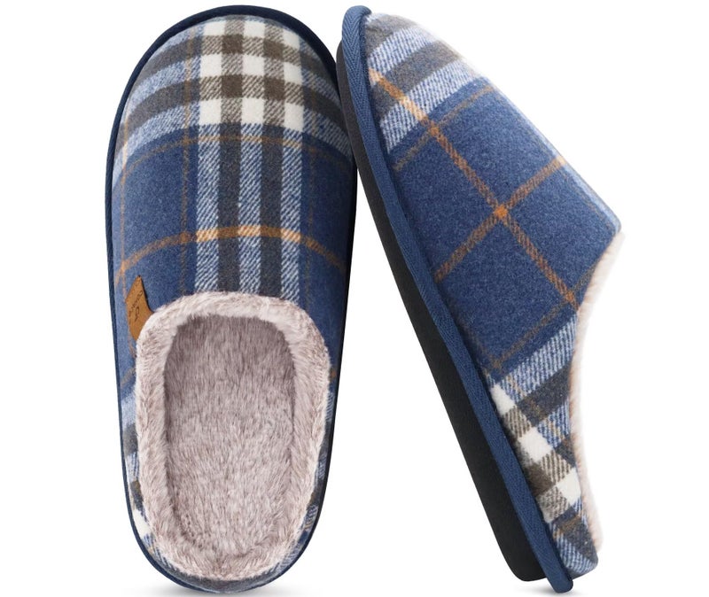 COFACE Mens Blue Flano Plaid Cozy Memory Foam scuff Slippers Slip On Warm House Shoes Indoor/Outdoor With Best Arch Support Size 9 - Image 2